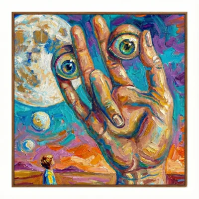 Gestural expressionist hand-painted canvas depicting a figure gazing at oversized cosmic owl under swirling stars, vibrant turquoise purple gold palette
