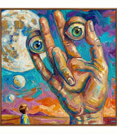 Gestural expressionist hand-painted canvas depicting a figure gazing at oversized cosmic owl under swirling stars, vibrant turquoise purple gold palette