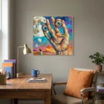 Expressionist hand-painted canvas depicting surreal oversized hands reaching toward a luminous moon, vibrant jewel tones and warm ochres, contemporary workspace