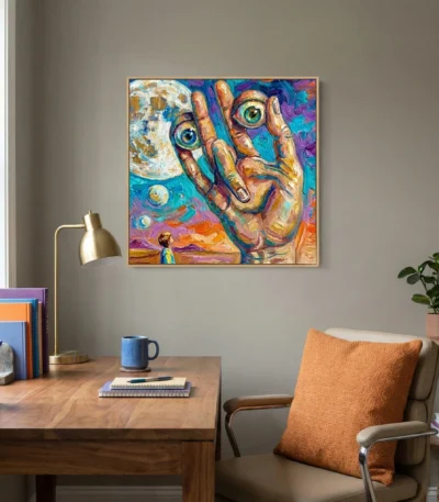 Expressionist hand-painted canvas depicting surreal oversized hands reaching toward a luminous moon, vibrant jewel tones and warm ochres, contemporary workspace