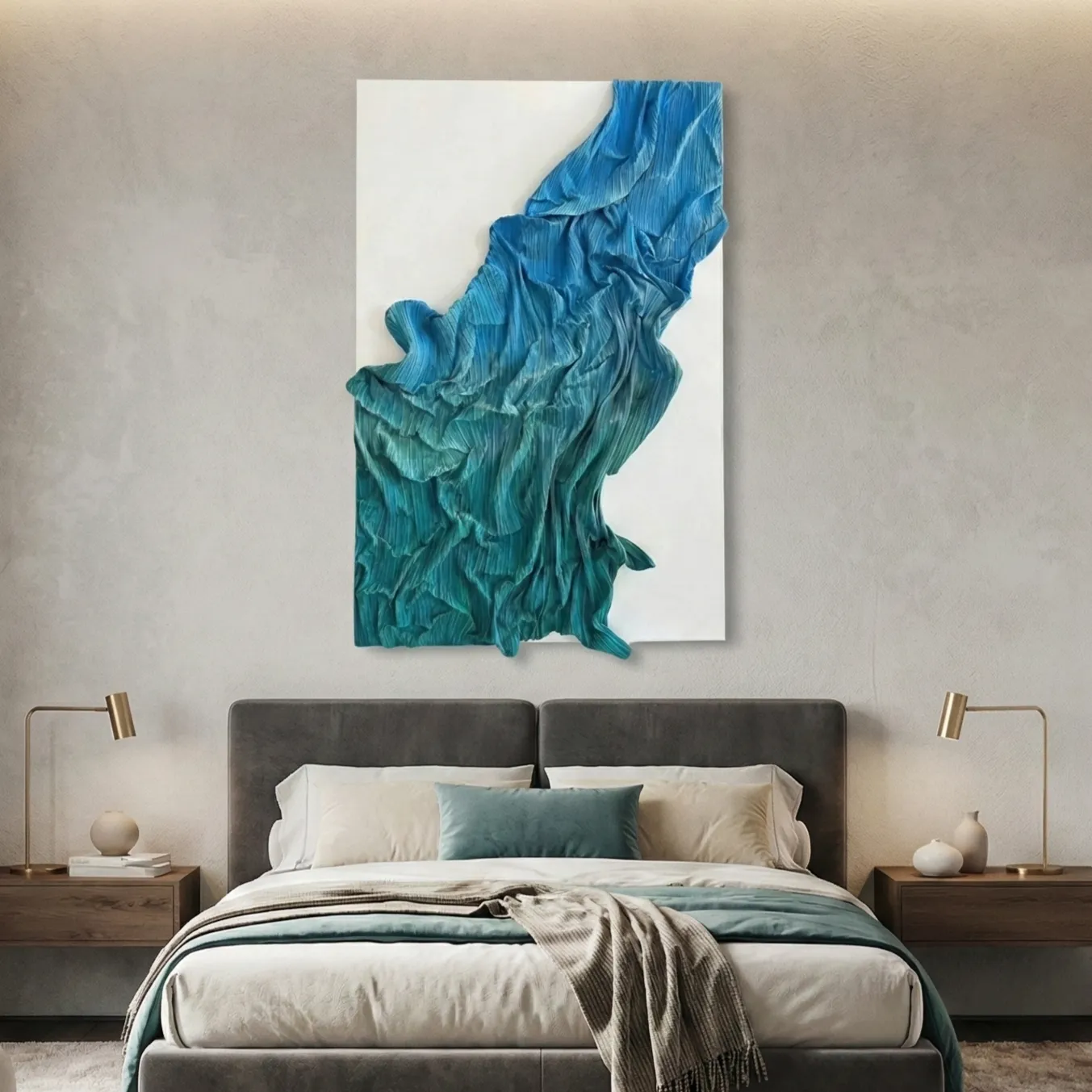 Tidal Cascade – Blue Gradient Fluid 3D Canvas (3) Textured abstract hand-painted canvas in layered teal and blue gestural brushstrokes, contemporary bedroom setting