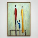 Minimalist hand-painted canvas featuring three elongated figurative forms in red, blue, and yellow against a soft green background