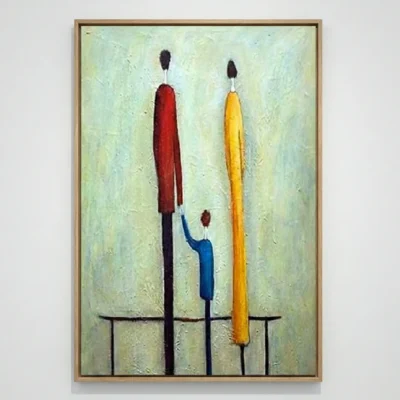 Minimalist hand-painted canvas featuring three elongated figurative forms in red, blue, and yellow against a soft green background
