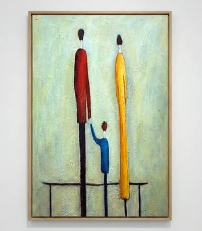 Minimalist hand-painted canvas featuring three elongated figurative forms in red, blue, and yellow against a soft green background
