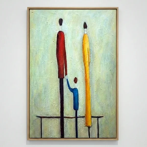 Minimalist hand-painted canvas featuring three elongated figurative forms in red, blue, and yellow against a soft green background
