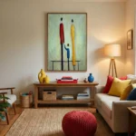Contemporary figurative hand-painted canvas depicting stylized figures in red, yellow, and blue tones, modern living room