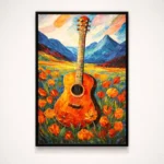 Expressionist hand-painted canvas depicting vibrant red guitar amid wildflower field with mountain landscape, warm golden and orange palette