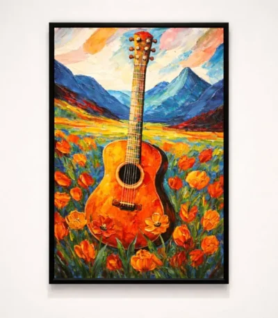 Expressionist hand-painted canvas depicting vibrant red guitar amid wildflower field with mountain landscape, warm golden and orange palette
