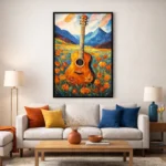 Impressionist hand-painted canvas of acoustic guitar nestled in vibrant wildflower field with mountains, warm orange and gold palette, contemporary living space