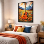 Expressionist hand-painted canvas depicting a vibrant red guitar in a wildflower field with mountain backdrop, warm orange and gold palette, modern bedroom