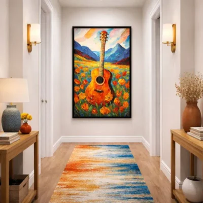Expressionist hand-painted canvas featuring a vibrant acoustic guitar in warm oranges amid wildflower field with mountain landscape, bold colorful palette, contemporary hallway setting