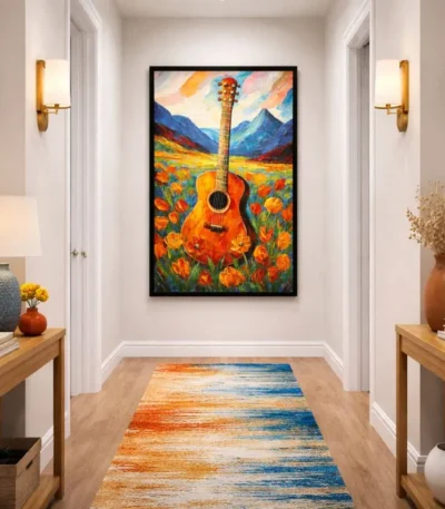 Expressionist hand-painted canvas featuring a vibrant acoustic guitar in warm oranges amid wildflower field with mountain landscape, bold colorful palette, contemporary hallway setting