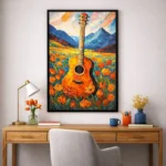 Expressionist hand-painted canvas of acoustic guitar nestled in wildflower field with mountainous landscape, warm golden and orange tones, contemporary workspace