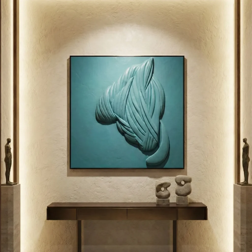 Contemporary hand-painted canvas depicting sculptural draped fabric in soft teal and cream tones, modern gallery space