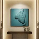 Contemporary hand-painted canvas depicting sculptural draped fabric in soft teal and cream tones, modern gallery space