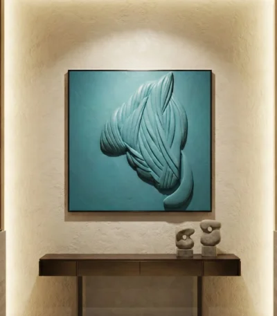 Contemporary hand-painted canvas depicting sculptural draped fabric in soft teal and cream tones, modern gallery space