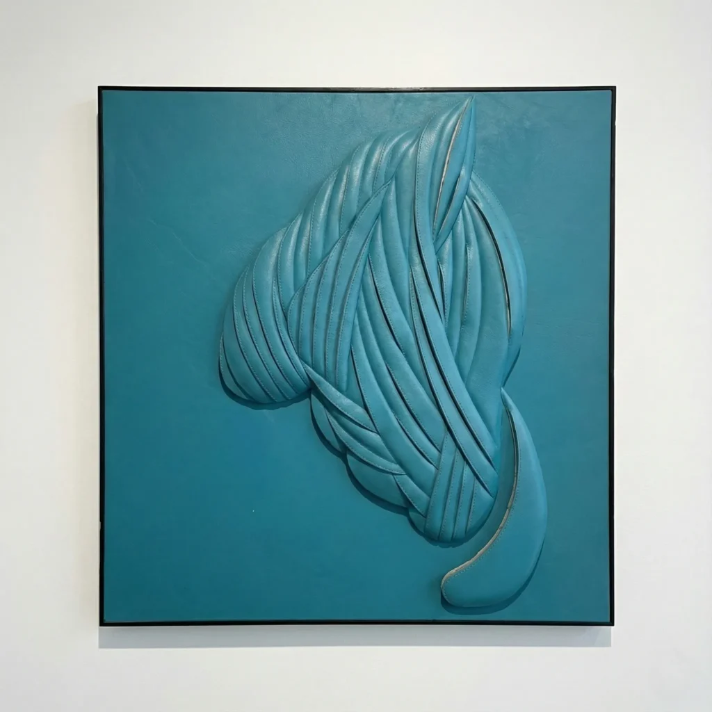 Textured hand-painted canvas depicting flowing feathered wings in layered teal and blue-grey tones