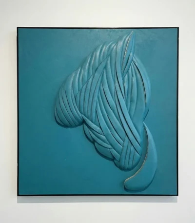 Textured hand-painted canvas depicting flowing feathered wings in layered teal and blue-grey tones