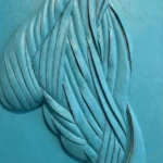 Textured abstract hand-painted canvas with layered turquoise leather-like strips in cool monochromatic tones