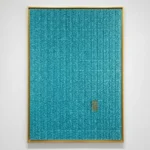 Textured abstract hand-painted canvas in layered turquoise with subtle vertical striations and gold-leaf accent