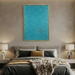 Textured contemporary hand-painted canvas in layered turquoise and teal tones, modern bedroom setting