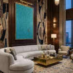 Textured turquoise abstract hand-painted canvas with gestural brushwork and gold frame, contemporary penthouse setting