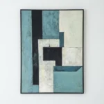 Minimalist abstract hand-painted canvas in layered geometric blocks, teal black cream and white tones, against neutral wall