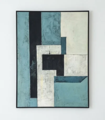 Minimalist abstract hand-painted canvas in layered geometric blocks, teal black cream and white tones, against neutral wall