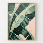 Abstract hand-painted canvas of layered green and cream brushstrokes suggesting botanical forms, soft pink backdrop