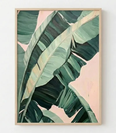 Abstract hand-painted canvas of layered green and cream brushstrokes suggesting botanical forms, soft pink backdrop
