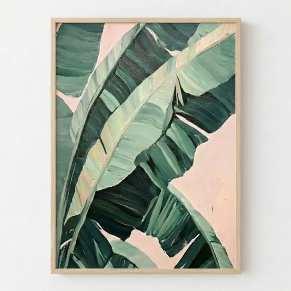 Abstract hand-painted canvas of layered green and cream brushstrokes suggesting botanical forms, soft pink backdrop