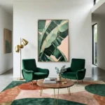 Contemporary abstract hand-painted canvas with layered tropical banana leaves in emerald, cream, and blush tones, modern living space