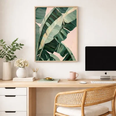Contemporary botanical hand-painted canvas depicting layered banana leaves in deep greens and soft pinks, modern workspace