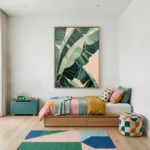 Abstract hand-painted canvas with layered banana leaves in teal, cream, and pink tones, modern bedroom