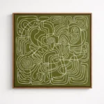 Contemporary abstract hand-painted canvas with interlocking organic lines and spirals in cream and olive green palette