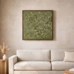 Contemporary abstract hand-painted canvas with interlocking linear patterns in olive and cream, modern living space