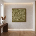 Abstract line drawing hand-painted canvas in olive and cream, intricate geometric maze pattern, contemporary entryway