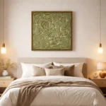 Contemporary abstract hand-painted canvas in olive green and cream linear maze pattern, modern bedroom