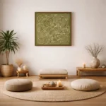Abstract minimalist hand-painted canvas in olive and cream line work, meditation space setting