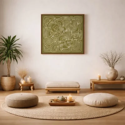 Abstract minimalist hand-painted canvas in olive and cream line work, meditation space setting