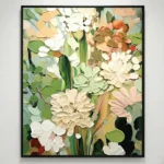Contemporary floral hand-painted canvas with layered white blooms, soft pastels and green foliage, textured petals