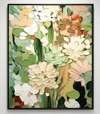 Contemporary floral hand-painted canvas with layered white blooms, soft pastels and green foliage, textured petals