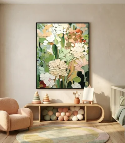 Contemporary hand-painted canvas of layered white and cream flowers with terracotta and green accents, nursery setting
