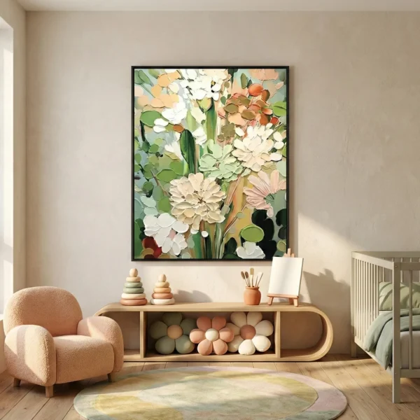 Contemporary hand-painted canvas of layered white and cream flowers with terracotta and green accents, nursery setting