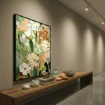 Contemporary hand-painted canvas featuring layered white and coral florals with green foliage in naturalistic tones, gallery setting