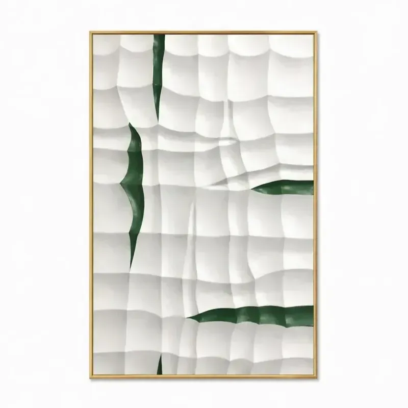 Minimalist hand-painted canvas with organic green leaf forms layered over textured white geometric background, contemporary living space
