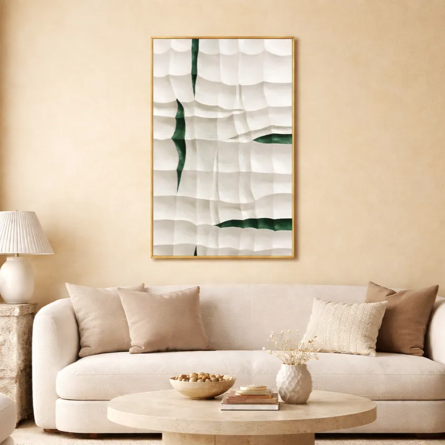 Minimalist hand-painted canvas with layered white textured strokes and deep green gestural marks, contemporary living space