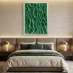 Textured abstract hand-painted canvas with organic flowing forms in deep emerald green tones, modern bedroom