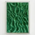 Textured abstract hand-painted canvas in layered emerald green with organic undulating forms and dimensional relief