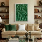 Gestural abstract hand-painted canvas with flowing organic waves in rich forest green and pale jade tones, contemporary living space